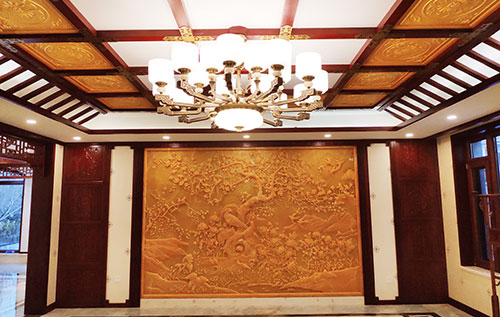 筠连中式别墅客厅中式木作横梁吊顶装饰展示